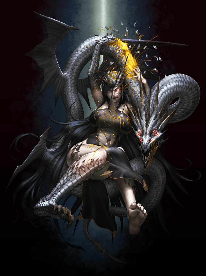 1girl absurdly_long_hair bare_arms bare_legs bare_shoulders barefoot black_hair blood blood_in_hair blood_on_clothes blood_on_hands breasts claws dragon dragon_girl dragon_horns dress feet full_body hair_between_eyes heterochromia highres horns large_breasts long_hair mochisuna open_mouth original red_eyes scales sharp_teeth teeth toenails toes torn_clothes torn_dress very_long_hair white_eyes yellow_blood