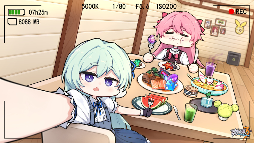 2girls :o ai-chan_(honkai_impact) bangs black_gloves blue_dress blue_eyes blurry blurry_background bow cabbage camera clock closed_mouth crystal dress eating floor food fork fruit glass gloves hair_between_eyes hair_bow highres holding holding_fork holding_knife honkai_(series) honkai_impact_3rd indoors juice knife liliya_olenyeva long_hair looking_at_viewer multiple_girls murata_himeko official_art open_mouth outstretched_arm photo_(object) pinafore_dress pink_hair plate raiden_mei raven_(honkai_impact_3rd) red_dress rozaliya_olenyeva selfie shirt short_sleeves siblings table twins viewfinder wall watermelon white_shirt