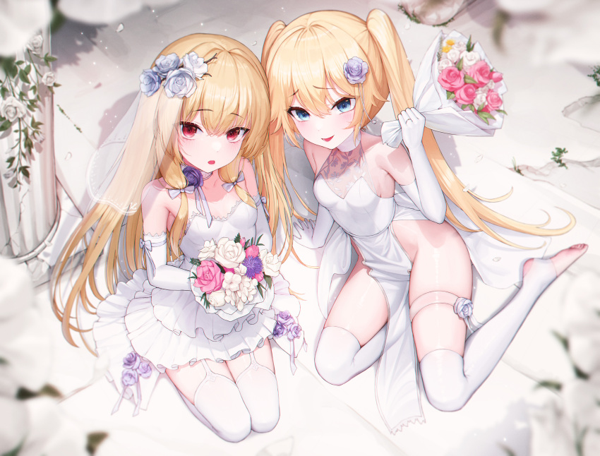 2girls :p absurdres bangs blonde_hair blue_eyes blush bouquet breasts bridal_veil bride chromatic_aberration dress elbow_gloves eyebrows_visible_through_hair flower full_body garter_straps gloves hair_between_eyes hair_flower hair_ornament halter_dress halterneck highres jewelry kneeling last_origin looking_at_viewer looking_up multiple_girls open_mouth pelvic_curtain red_eyes ring sirene_(last_origin) small_breasts spats_(footwear) strapless strapless_dress thetis_(last_origin) thigh-highs tongue tongue_out twintails veil wedding wedding_band wedding_dress white_dress white_gloves white_legwear yjs0803123