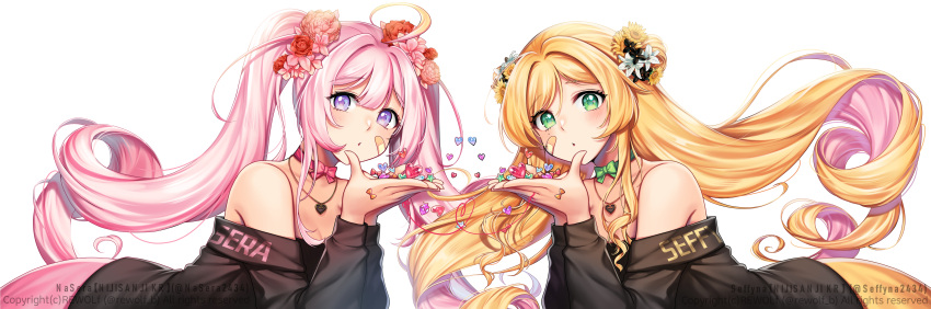 2girls :d :o absurdres ai_kotoba_iii_(vocaloid) artist_name bandaid bandaid_on_cheek bangs black_flower black_sweater blonde_hair bow bow_choker character_name choker collarbone colored_inner_hair cowlick double_bun eyebrows_visible_through_hair floating_hair flower green_eyes hair_flower hair_ornament heart heart_necklace highres jewelry long_hair looking_at_viewer mole mole_under_eye multicolored_hair multiple_girls musical_note na_sera necklace nijisanji nijisanji_kr off-shoulder_sweater off_shoulder open_hand open_mouth pink_bow pink_choker pink_hair rewolf seffyna smile star_(symbol) sweater twintails very_long_hair violet_eyes virtual_youtuber watermark white_background white_flower yellow_flower