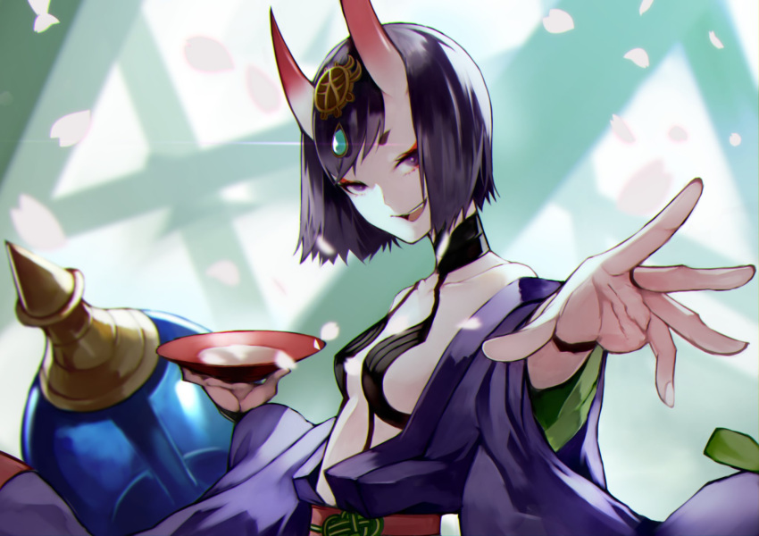 1girl alcohol bangs bare_shoulders blurry blurry_background bob_cut breasts choker collarbone commentary_request cup eyeliner fang fate/grand_order fate_(series) gem glint hands_up head_tilt headpiece highres holding holding_cup horns japanese_clothes kimono long_sleeves looking_at_viewer looking_to_the_side makeup off_shoulder oni oni_horns open_clothes open_kimono outstretched_arm outstretched_hand petals purple_hair purple_kimono revealing_clothes sakazuki sake sash short_eyebrows short_hair shuten_douji_(fate) skin-covered_horns small_breasts smile solo upper_body violet_eyes yoshio_(55level)