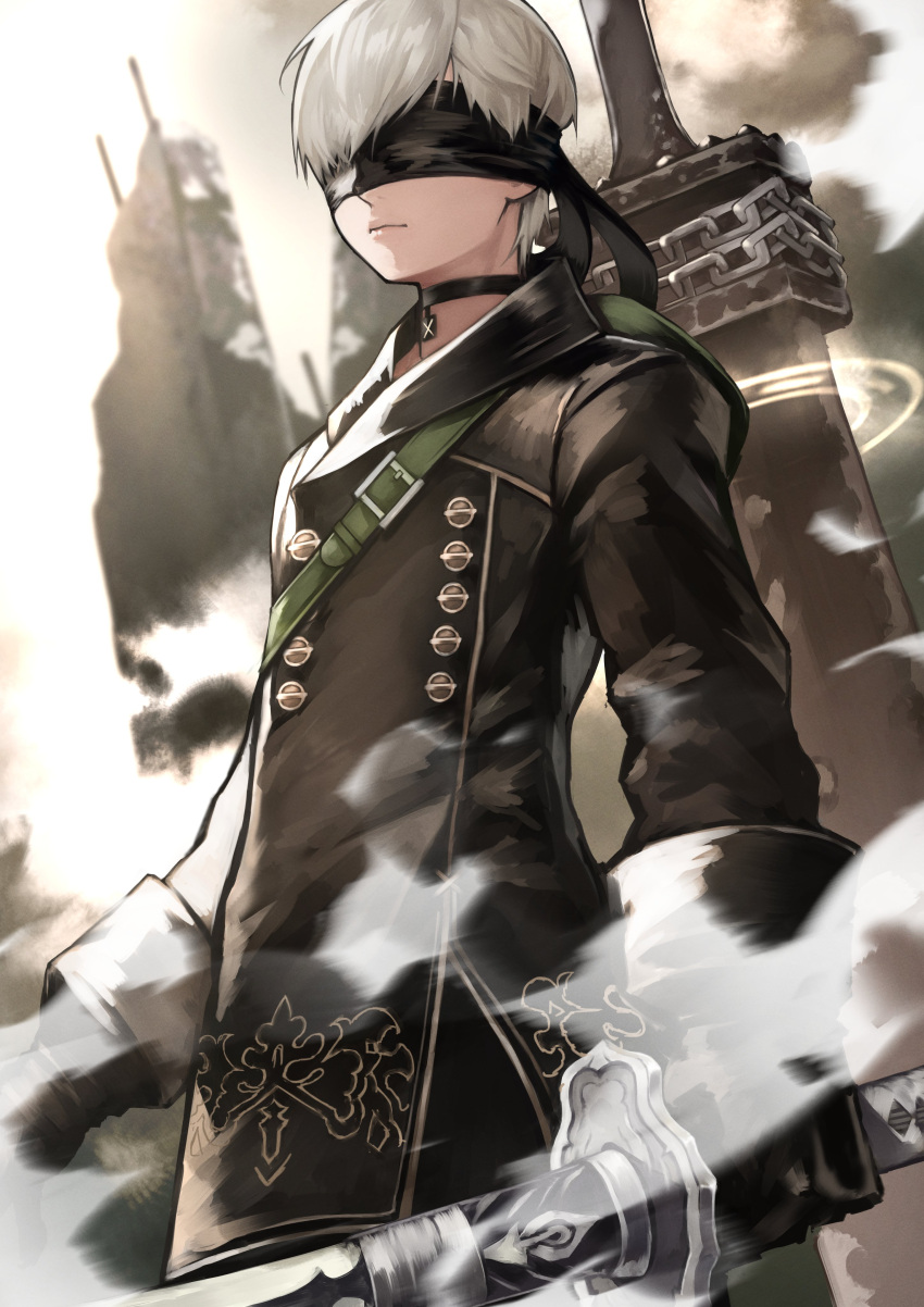 1boy absurdres bangs black_blindfold black_choker blindfold choker city commentary_request gloves gradient gradient_background highres long_sleeves male_focus nier_(series) nier_automata short_hair silver_hair sky solo sword weapon weapon_on_back white_hair yorha_no._9_type_s yoshio_(55level)