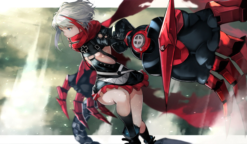 1girl absurdres admiral_graf_spee_(azur_lane) azur_lane bangs black_dress black_legwear blue_eyes blunt_bangs blush boots breasts commentary_request dress eyebrows_visible_through_hair floating_hair highres kneehighs leg_up long_sleeves looking_afar mechanical_hands mechanical_tail multicolored_hair red_scarf redhead rigging scarf short_hair sidelocks silver_hair small_breasts solo streaked_hair tail wind yoshio_(55level)