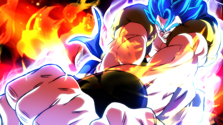 1boy aura blue_eyes blue_hair blue_sash clenched_hands dragon_ball dragon_ball_super dragon_ball_super_broly gogeta incoming_attack male_focus metamoran_vest muscular muscular_male rom_(20) sash solo super_saiyan super_saiyan_blue