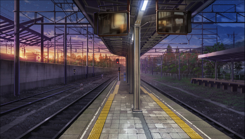 cable clouds commentary_request dusk evening grass light no_humans nzwt original plant power_lines railroad_tracks scenery star_(sky) train_station tree twilight utility_pole wall