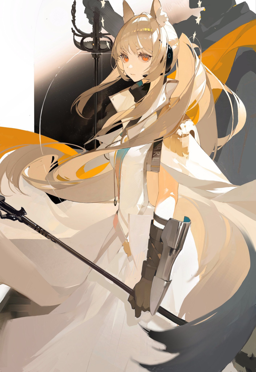 1girl animal_ears arknights black_gloves blonde_hair chongzhen_085 dress from_side gauntlets gloves headset highres holding holding_polearm holding_weapon horse_ears implied_extra_ears long_hair looking_at_viewer nearl_(arknights) nearl_the_radiant_knight_(arknights) official_alternate_costume orange_eyes polearm ponytail solo upper_body v-shaped_eyebrows weapon white_dress