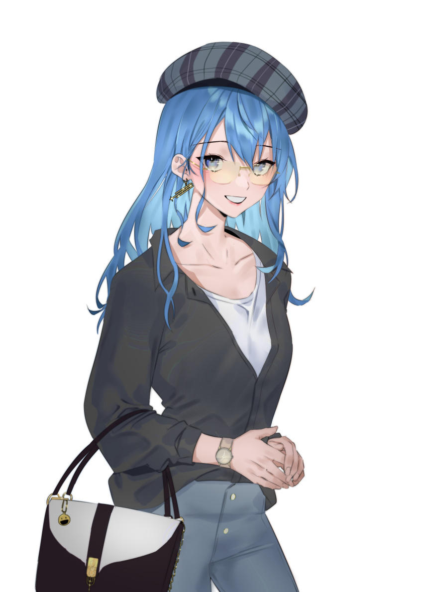 1girl absurdres bag bangs beret blue_eyes blue_hair breasts collarbone collared_shirt denim earrings grey_shirt hair_behind_ear handbag hat hievasp highres hololive hoshimachi_suisei jeans jewelry long_hair own_hands_together pants plaid_headwear shirt small_breasts smile solo t-shirt virtual_youtuber watch watch white_shirt