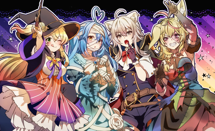 4girls ;q ahoge animal_ear_fluff animal_ears bandaged_hand bandages bangs belt black_gloves black_headwear black_jacket black_shorts blonde_hair blue_dress blue_hair bow bowtie braid breasts brown_belt cape commentary_request cowboy_shot detached_sleeves dress eyebrows_visible_through_hair fang fox_ears frilled_sleeves frills gloves gradient_hair gradient_skirt green_eyes grey_eyes grey_gloves grin hair_between_eyes hat heart heart-shaped_pupils heart_ahoge highres holding holding_wand hololive jacket lion_ears long_hair looking_at_viewer medium_breasts momosuzu_nene multicolored_clothes multicolored_dress multicolored_hair multiple_girls nepolabo omaru_polka one_eye_closed open_mouth parted_lips patchwork_clothes patchwork_skin pointy_ears red_bow red_bowtie red_eyes shirt shishiro_botan short_sleeves shorts silver_hair smile standing streaked_hair sushida_hayari symbol-shaped_pupils tongue tongue_out torn_clothes torn_gloves virtual_youtuber wand white_shirt wide_sleeves witch_hat yellow_eyes yukihana_lamy