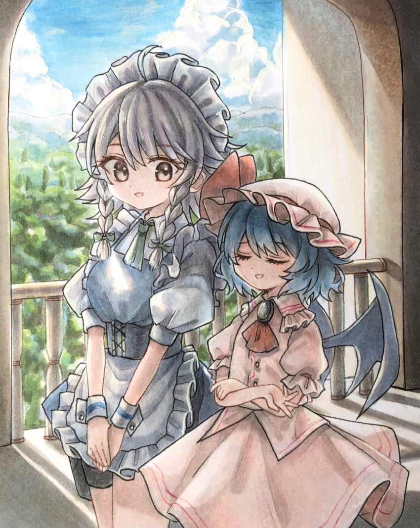 2girls ahoge apron bat_wings blue_dress blue_hair bow braid brooch buttons closed_eyes commentary cropped crossed_arms dress eyebrows_visible_through_hair forest frilled_apron frilled_shirt frilled_shirt_collar frilled_sleeves frills green_bow green_necktie grey_eyes hair_bow hat hat_ribbon highres hisako_(6anmbblfnjueeff) izayoi_sakuya jewelry maid_headdress mob_cap multiple_girls nature necktie open_mouth pink_dress puffy_short_sleeves puffy_sleeves red_bow red_ribbon remilia_scarlet ribbon ribbon_trim sash shirt short_hair short_sleeves silver_hair sky touhou traditional_media twin_braids waist_apron wavy_hair wings