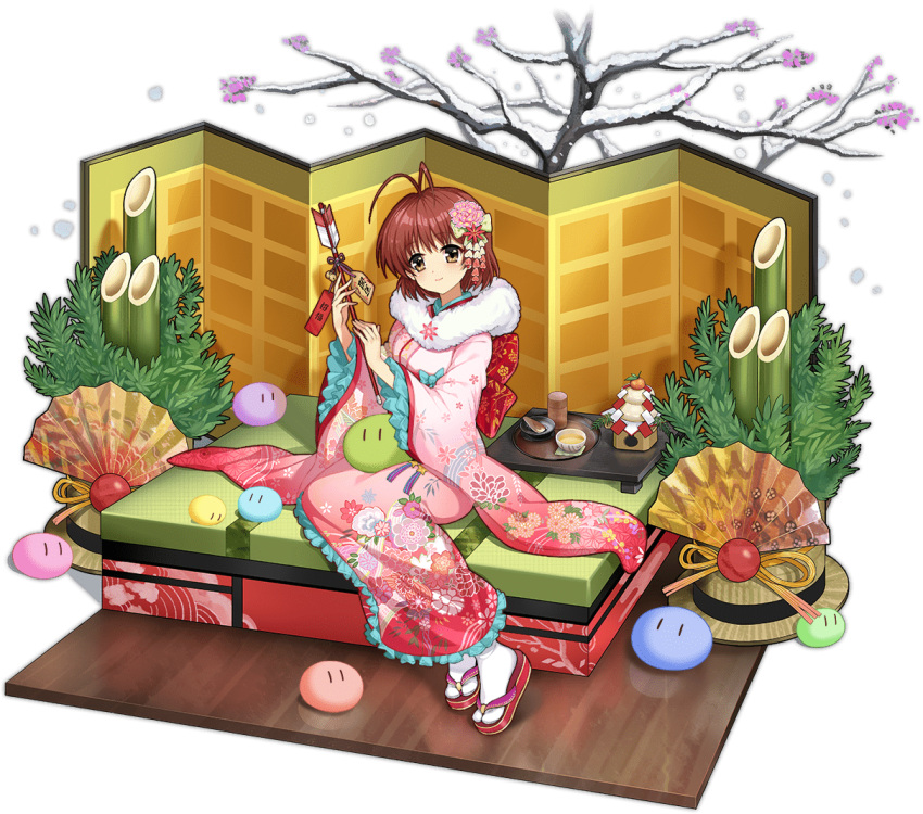 1girl antenna_hair ark_order arrow_(projectile) artist_request bamboo bangs bell brown_eyes brown_hair clannad closed_mouth dango_daikazoku ema faux_figurine floral_print folding_fan folding_screen food frilled_kimono frilled_sleeves frills fruit full_body fur_collar furukawa_nagisa hair_ornament hamaya hand_fan holding holding_arrow japanese_clothes jingle_bell kadomatsu kagami_mochi kimono long_sleeves looking_at_viewer mandarin_orange mochi new_year official_art okobo pink_kimono print_kimono red_footwear shide short_hair sitting smile socks solo tabi talisman transparent_background tree unmoving_pattern white_legwear wide_sleeves wooden_floor |_|