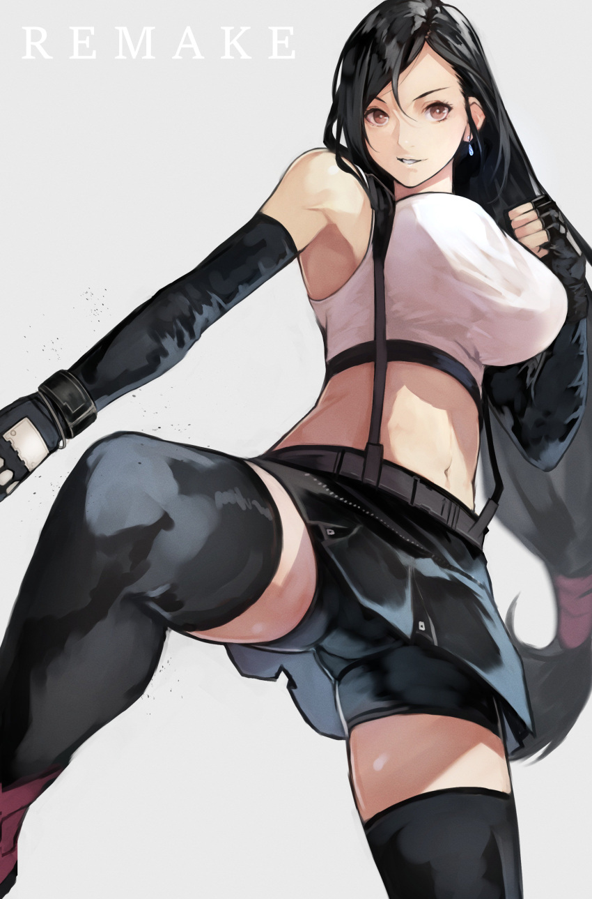 1girl absurdres bike_shorts black_legwear black_skirt breasts brown_eyes commentary_request crop_top earrings elbow_gloves final_fantasy final_fantasy_vii final_fantasy_vii_remake fingerless_gloves gloves grey_background highres jewelry large_breasts leg_lift long_hair low-tied_long_hair midriff miniskirt navel pencil_skirt pleated_skirt red_footwear shirt shorts shorts_under_skirt simple_background skirt suspender_skirt suspenders tank_top taut_clothes taut_shirt thigh-highs tifa_lockhart yoshio_(55level)