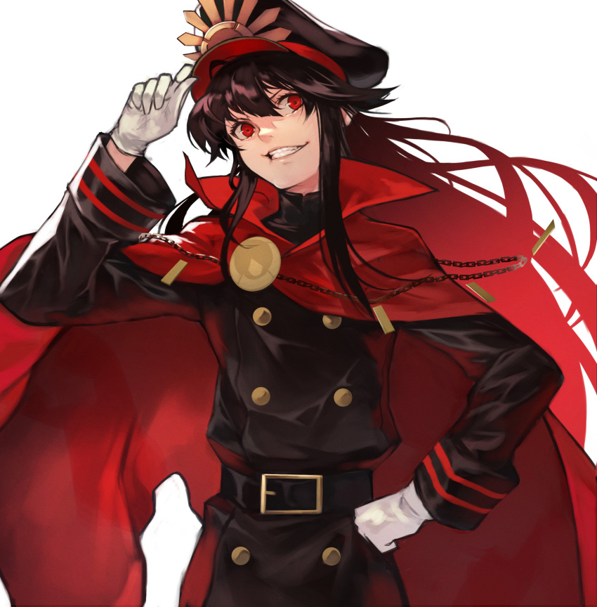 1girl absurdres black_hair black_headwear black_jacket cape commentary_request fate/grand_order fate_(series) gloves hair_between_eyes hat highres jacket jewelry koha-ace long_hair long_sleeves looking_at_viewer military_hat military_jacket oda_nobunaga_(fate) oda_nobunaga_(koha/ace) peaked_cap red_cape red_eyes simple_background solo standing white_background white_gloves yoshio_(55level)