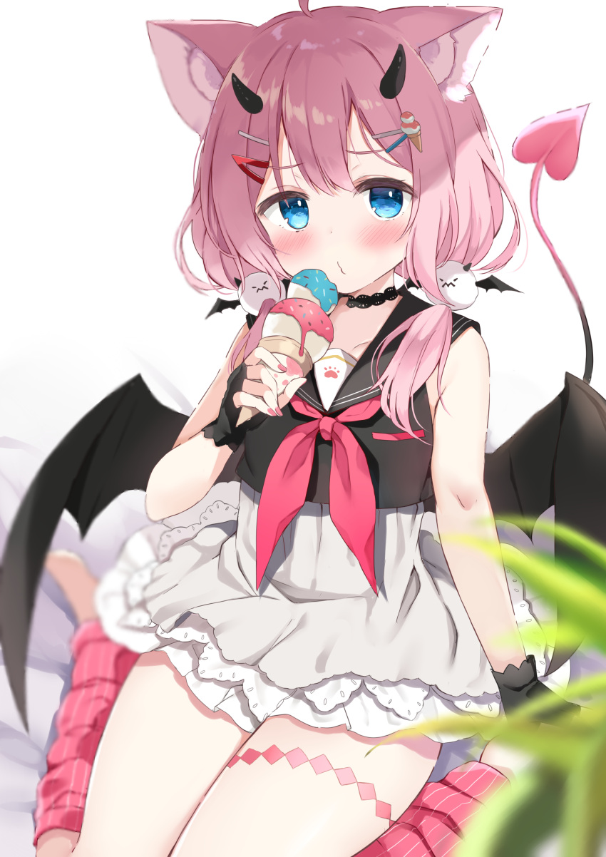 1girl absurdres ahoge animal_ear_fluff animal_ears bangs bare_shoulders bed_sheet black_gloves black_sailor_collar black_shirt black_wings blue_eyes blurry blurry_foreground blush collarbone demon_girl demon_horns demon_tail demon_wings depth_of_field double_scoop eyebrows_visible_through_hair fingerless_gloves food gloves high-waist_skirt highres holding holding_food horns ice_cream ice_cream_cone indie_virtual_youtuber kujou_danbo leg_warmers looking_at_viewer low_twintails nail_polish neckerchief pink_hair pink_legwear pink_nails pouty_lips red_neckerchief sailor_collar sakurada_hane shirt short_twintails sitting skirt sleeveless sleeveless_shirt smile solo striped striped_legwear tail twintails vertical-striped_legwear vertical_stripes virtual_youtuber wariza white_background white_skirt wings