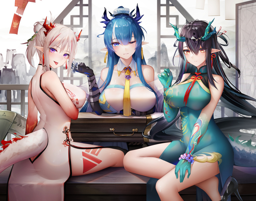 3girls :p ;d absurdres arknights ass bangs bare_legs bare_shoulders bead_bracelet beads binggong_asylum black_footwear black_gloves black_hair blue_dress blue_eyes blue_hair blue_skin blush bracelet breast_hold breasts china_dress chinese_clothes closed_mouth colored_skin cup detached_collar dragon_girl dragon_horns dragon_tail dress dusk_(arknights) dusk_(everything_is_a_miracle)_(arknights) earrings elbow_gloves eyebrows_visible_through_hair gloves gradient_skin hair_between_eyes high_heels highres holding holding_cup horns impossible_clothes impossible_dress jewelry large_breasts leg_tattoo ling_(arknights) long_hair looking_at_viewer looking_back multicolored_hair multiple_girls neck_ribbon necktie nian_(arknights) nian_(unfettered_freedom)_(arknights) official_alternate_costume one_eye_closed parted_lips pelvic_curtain pointy_ears red_eyes red_ribbon red_skin redhead ribbon shoe_dangle short_hair short_ponytail siblings sisters sitting sleeveless sleeveless_dress smile strapless streaked_hair tail tail_through_clothes tattoo tongue tongue_out very_long_hair violet_eyes white_dress wooden_table yellow_necktie