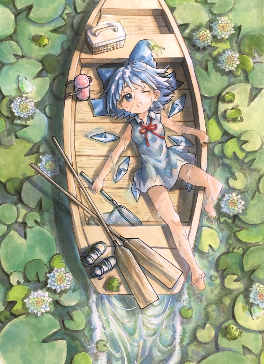 1girl bangs barefoot blue_bow blue_dress blue_eyes blue_hair blush boat bow breasts butterfly_net cirno collared_dress commentary dress ears frog hair_bow hand_net highres hisako_(6anmbblfnjueeff) ice ice_wings lily_pad lying neck_ribbon oar on_back open_mouth picnic_basket red_neckwear ribbon river shoes shoes_removed short_dress short_hair sleeveless sleeveless_dress small_breasts solo sweat touhou traditional_media watercraft wings