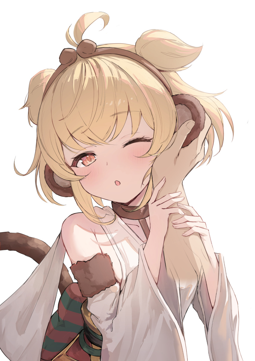 1boy :o ahoge andira_(granblue_fantasy) animal_ears arm_grab blonde_hair blush erune granblue_fantasy hand_on_another's_cheek hand_on_another's_face hand_on_another's_head hands_on_another's_head highres holding_another's_wrist kimblee monkey_ears monkey_girl monkey_tail one_eye_closed pov red_eyes shawl short_hair tail twintails two_side_up