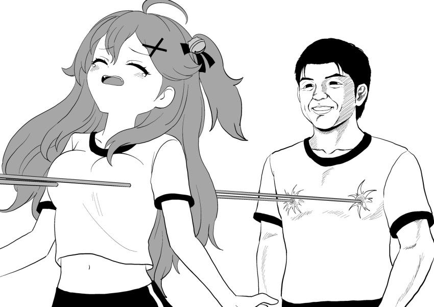1boy 1girl ahoge bangs bell blush breasts closed_eyes collarbone commentary_request eyebrows_visible_through_hair greyscale gym_shirt gym_shorts gym_uniform hair_bell hair_between_eyes hair_ornament highres hololive jingle_bell laser long_hair medium_breasts midriff monochrome navel one_side_up open_mouth sakura_miko shirt short_sleeves shorts shuushi simple_background smile tears very_long_hair virtual_youtuber what white_background x_hair_ornament yagoo
