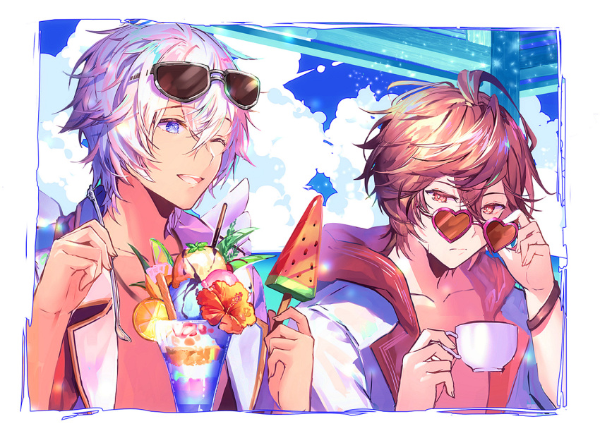 2boys banned_artist blue_eyes border bracelet brown_eyes brown_hair clouds collarbone commentary_request cup eyewear_on_head flower food frown granblue_fantasy heart heart-shaped_eyewear hibiscus holding holding_cup holding_spoon hood hooded_jacket ice_cream jacket jewelry kyujusan lucio_(granblue_fantasy) male_focus multiple_boys one_eye_closed open_clothes open_jacket open_mouth outdoors popsicle sandalphon_(granblue_fantasy) short_hair smile spoon sundae sunglasses teacup upper_body watermelon_bar white_border white_hair wings