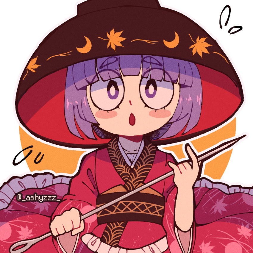 1girl ashyzzz bangs blunt_bangs blush_stickers bowl bowl_hat bright_pupils eyebrows_visible_through_hair flying_sweatdrops hat highres holding japanese_clothes kimono looking_at_viewer needle open_mouth purple_hair red_kimono sewing_needle short_hair solo sukuna_shinmyoumaru thick_eyebrows touhou twitter_username upper_body violet_eyes white_background white_pupils wide_sleeves