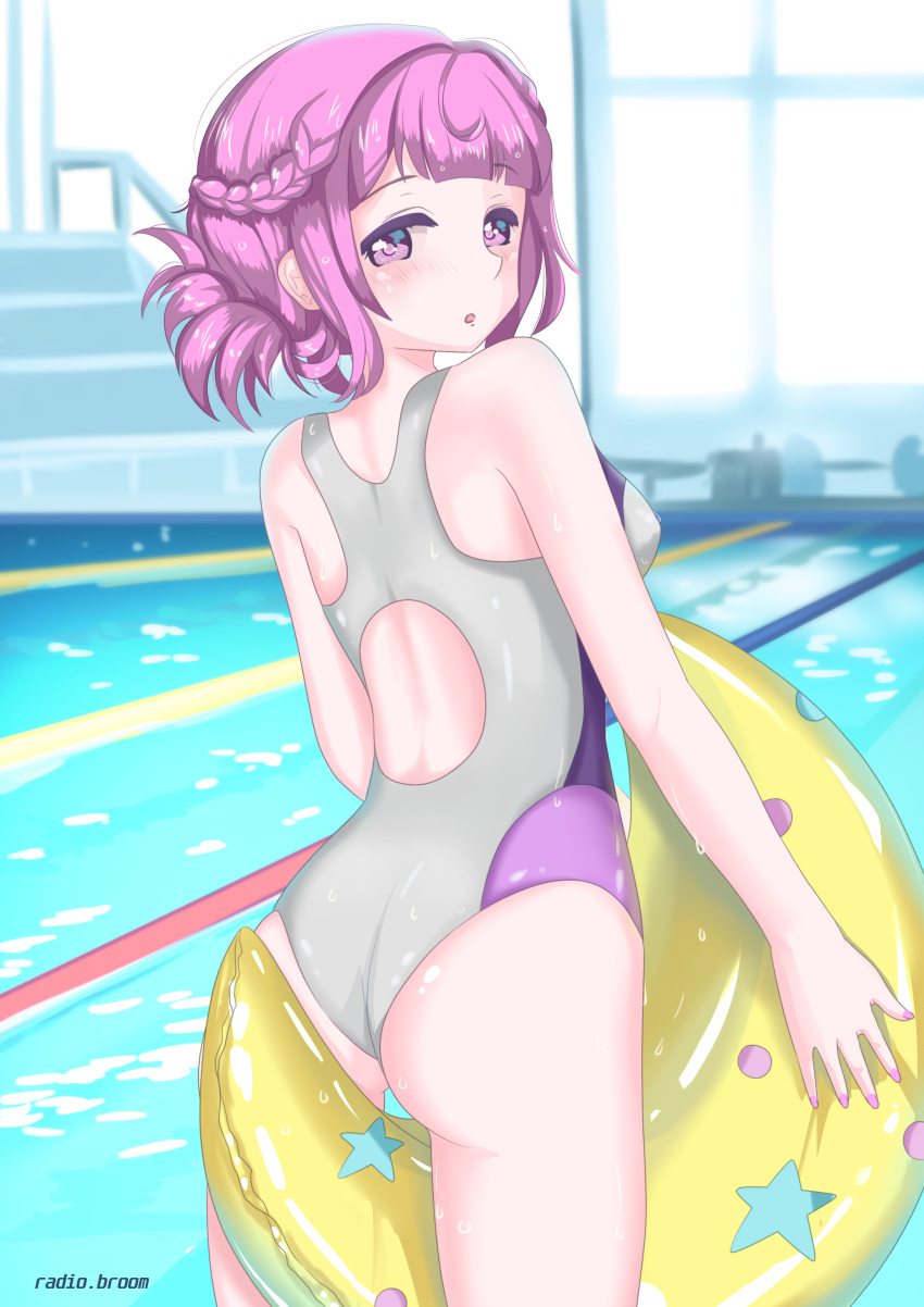 absurdres ass back breasts highres hotaru_yura inflatable_toy magia_record:_mahou_shoujo_madoka_magica_gaiden mahou_shoujo_madoka_magica pink_hair pool radio.broom school_swimsuit shoulders swimsuit