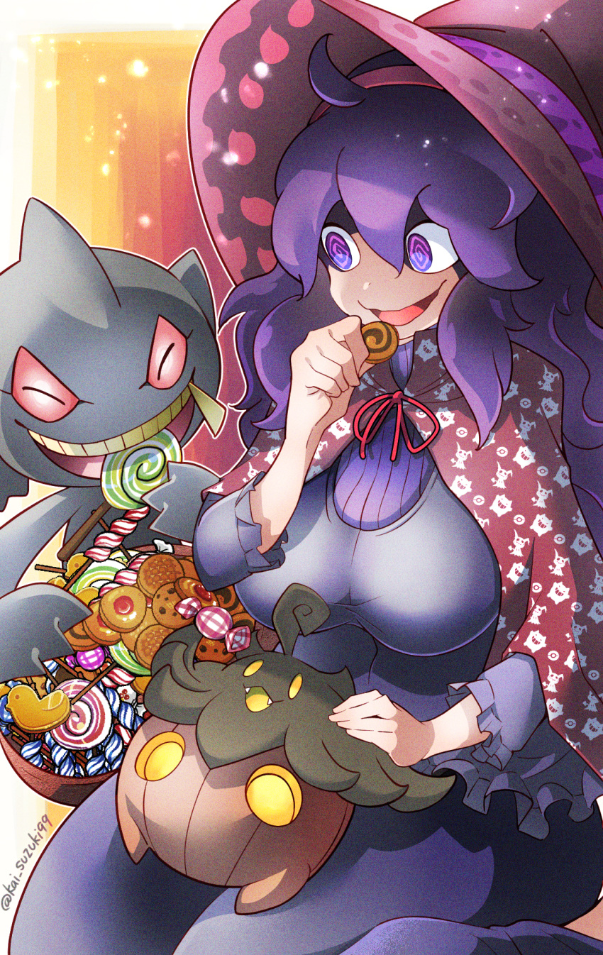 1girl :d @_@ ahoge banette bangs breasts candy cape commentary_request dress food frills hair_between_eyes hairband hand_up hat hex_maniac_(pokemon) highres holding kai_suzuki99 lollipop long_hair looking_down messy_hair on_lap open_mouth pokemon pokemon_(creature) pokemon_(game) pokemon_on_lap pokemon_xy pumpkaboo purple_hair red_ribbon ribbon smile tongue violet_eyes witch_hat