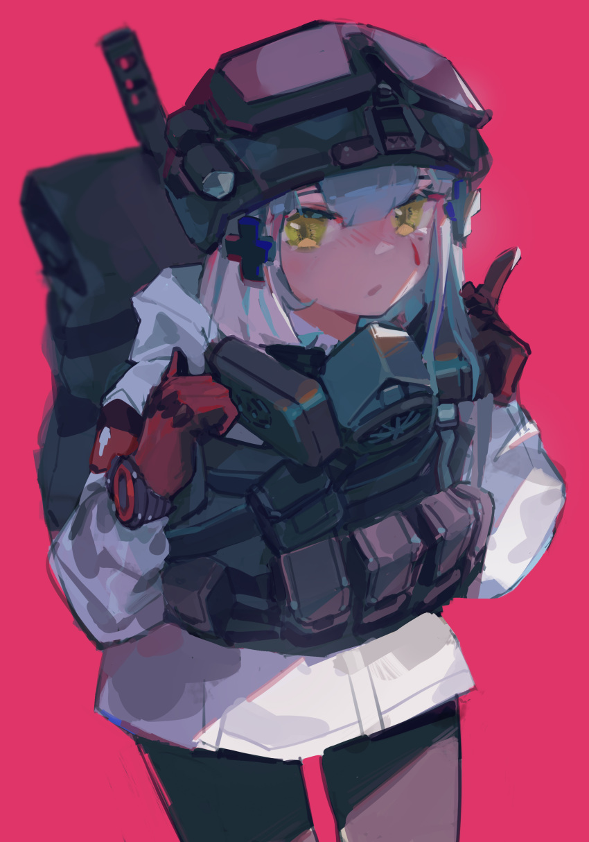 1girl absurdres backpack bag black_legwear blue_hair chinese_commentary commentary_request cowboy_shot cross_hair_ornament girls_frontline gloves goggles goggles_on_headwear hair_ornament helmet highres hk416_(fang)_(girls'_frontline) hk416_(girls'_frontline) jacket light_blush load_bearing_vest long_hair looking_at_viewer mask mask_around_neck pantyhose parted_lips pink_background red_gloves respirator simple_background solo tactical_clothes teardrop_facial_mark tom_clancy's_the_division watch watch white_jacket yellow_eyes zygocactus