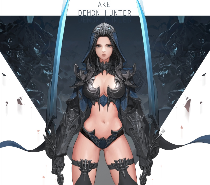 1girl armor artist_name ass_visible_through_thighs bangs black_eyes black_hair black_panties breasts daeho_cha demon dual_wielding gauntlets highres holding holding_sword holding_weapon hood hood_up large_breasts long_hair navel original panties skull_print solo_focus stomach sword thigh-highs underwear weapon white_background
