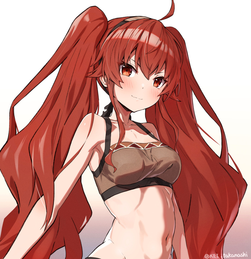 1girl breasts closed_mouth eris_greyrat highres long_hair looking_at_viewer medium_breasts midriff mushoku_tensei navel red_eyes redhead smile solo stomach takanashi_kei_(hitsujikan) twintails white_background