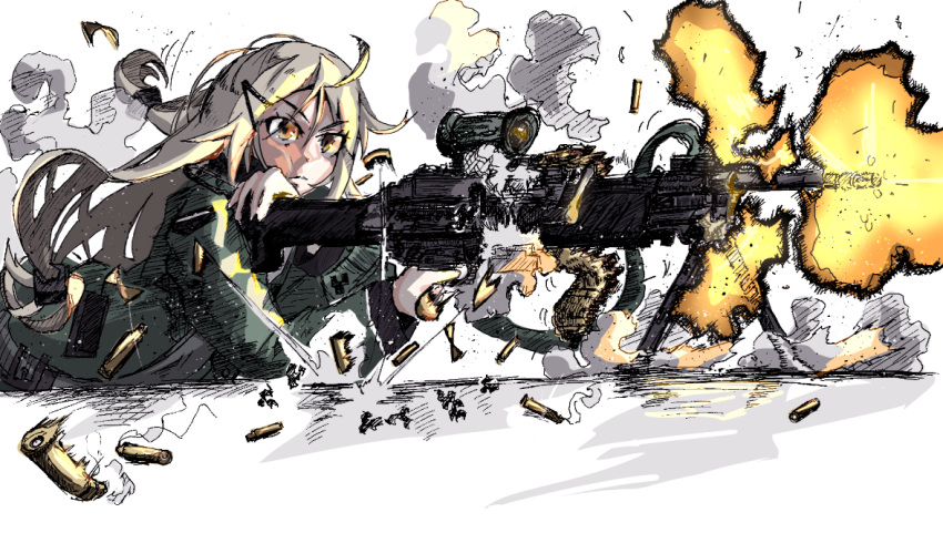1girl closed_mouth colorized commentary_request firing girls_frontline gun h&amp;k_mg4 hair_between_eyes hair_ornament hairclip holding holding_gun holding_weapon jacket jamie_leano long_hair looking_ahead machine_gun mg4_(girls'_frontline) serious solo weapon