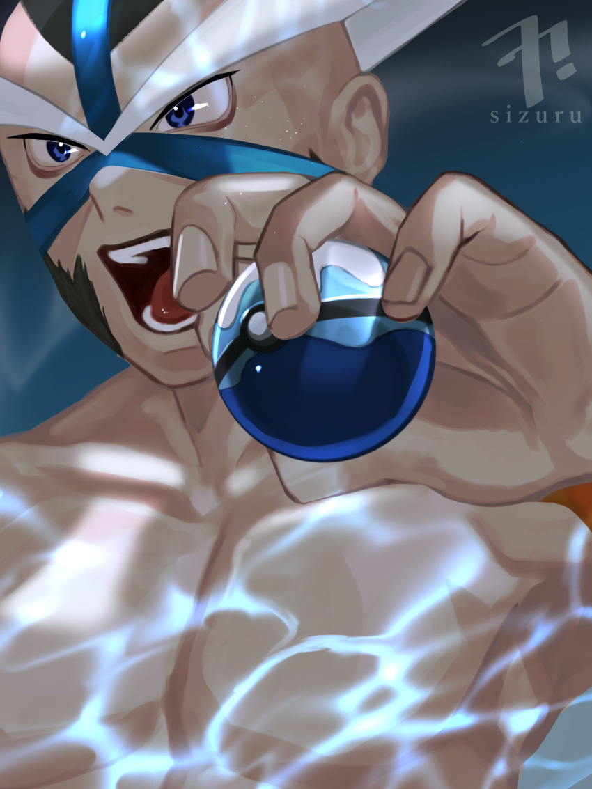 1boy absurdres artist_name blue_eyes brown_hair commentary_request crasher_wake dive_ball facial_hair highres holding holding_poke_ball male_focus mask muscular muscular_male open_mouth pectorals poke_ball pokemon pokemon_(game) pokemon_dppt sizuru_(garasuame0206) solo teeth tongue topless_male upper_body watermark wristband