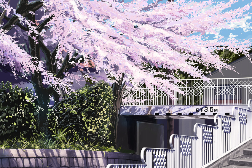 building bush cherry_blossoms clouds commentary_request day english_text grass hankachi_(okayama012) kanji no_humans numbered original plant scenery shade sky stairs stone_stairs sunlight tree