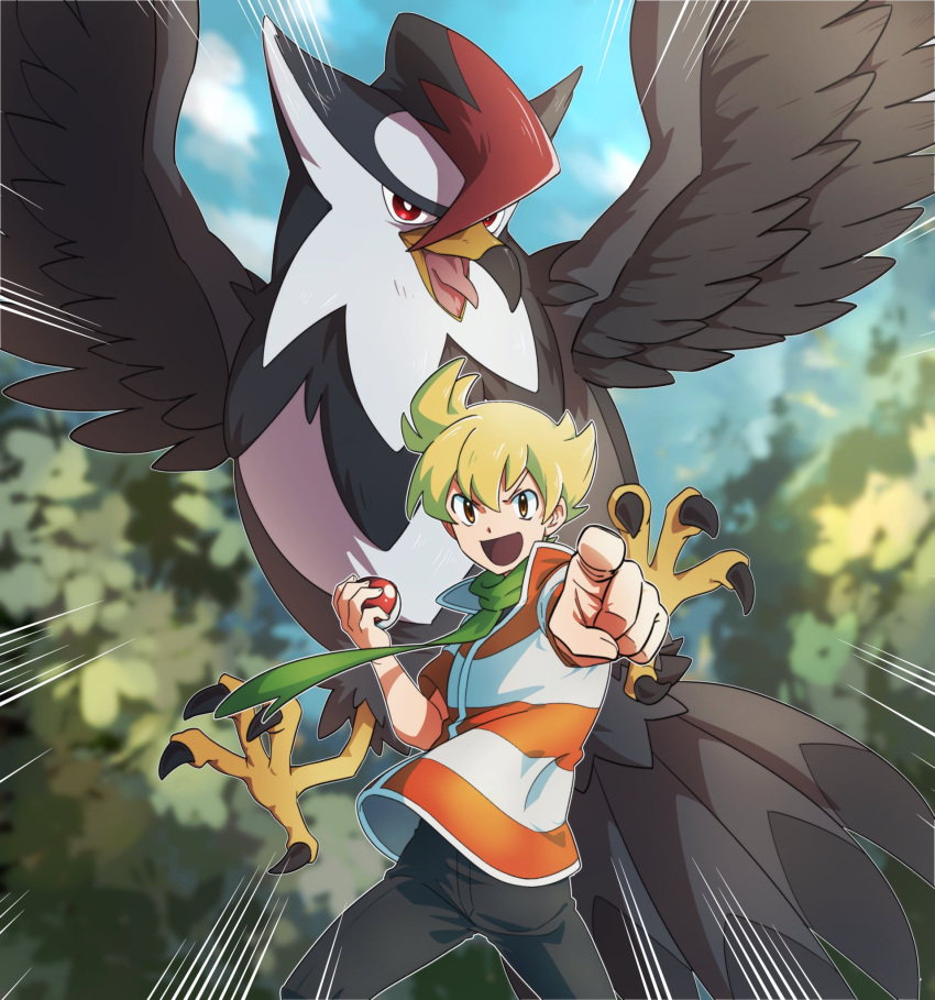 1boy :d barry_(pokemon) bird blonde_hair clouds commentary_request day emphasis_lines floating_scarf green_scarf grey_pants highres holding holding_poke_ball jacket legs_apart male_focus open_mouth orange_eyes outdoors pants pkpokopoko3 pointing poke_ball poke_ball_(basic) pokemon pokemon_(creature) pokemon_(game) pokemon_dppt scarf short_hair short_sleeves sky smile staraptor striped striped_jacket tongue
