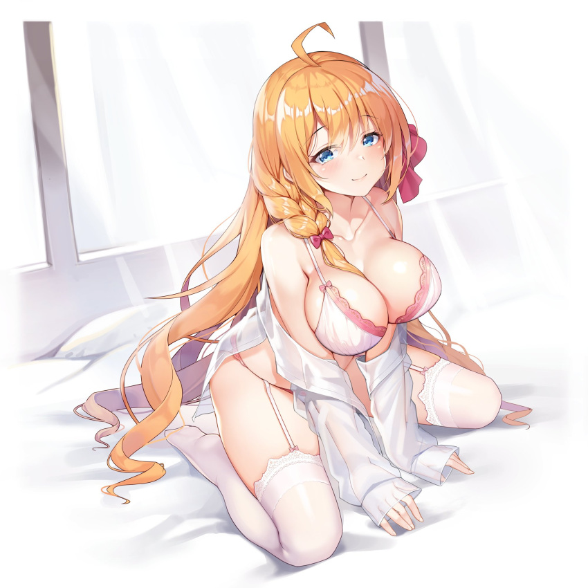 1girl ahoge arm_support ascot ass_visible_through_thighs blue_eyes bra braid breasts collarbone garter_belt hair_ribbon highres lace lace_trim large_breasts long_hair looking_at_viewer multicolored_hair on_bed open_clothes open_shirt orange_hair panties pecorine_(princess_connect!) pillow pinki_o64 princess_connect! red_ascot red_ribbon ribbon see-through see-through_shirt side_braid sitting smile solo streaked_hair thigh-highs underwear wariza white_bra white_legwear white_panties window