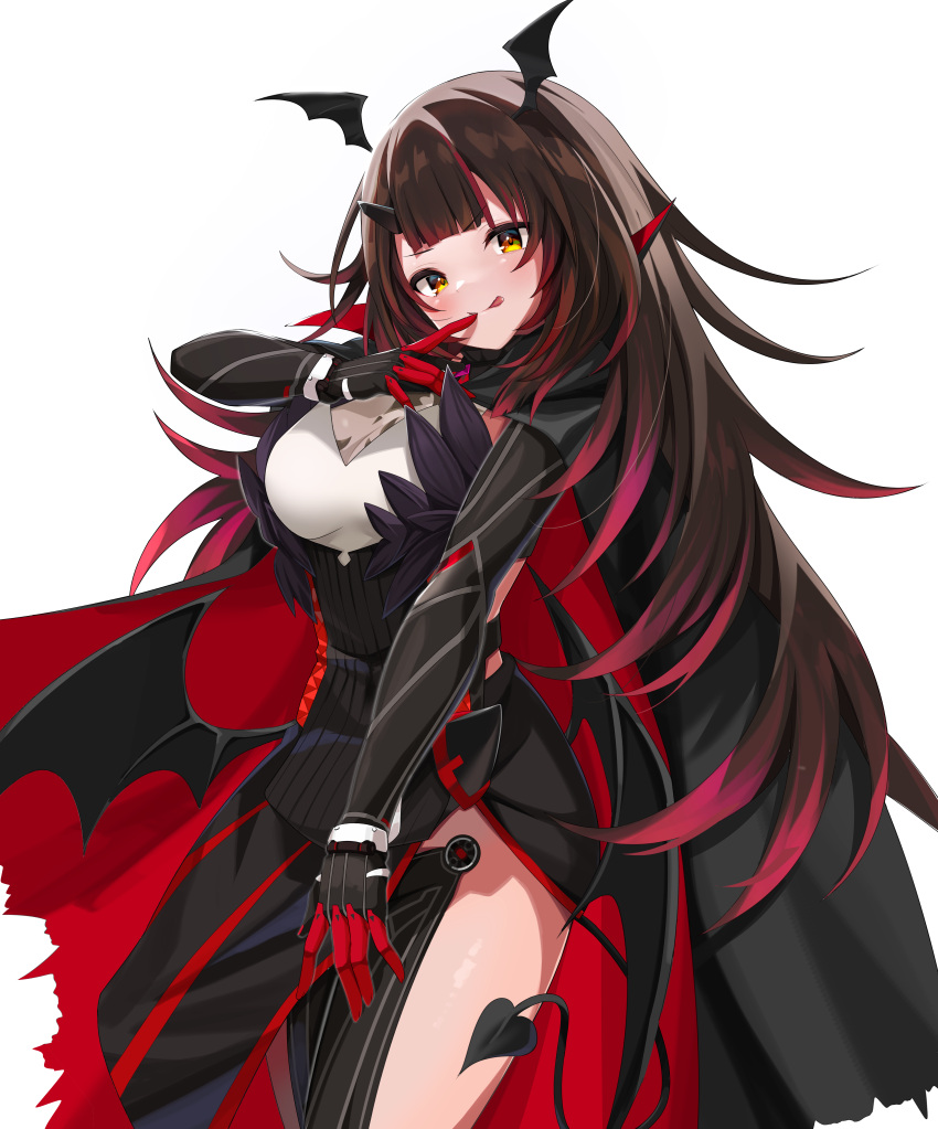 1girl :p absurdres android bangs bat_wings black_cape black_dress black_wings blunt_bangs breasts brown_hair cape commentary_request demon_tail dress eyebrows_visible_through_hair finger_to_mouth gradient_hair hair_ornament hand_up head_tilt head_wings highres hololive long_hair looking_at_viewer low_wings mechanical_arms mechanical_legs medium_breasts multicolored_hair red_cape roboco-san satobitob shiny shiny_hair smile solo standing tail tongue tongue_out torn_cape torn_clothes transparent_background two-tone_cape v-shaped_eyebrows virtual_youtuber wings yellow_eyes