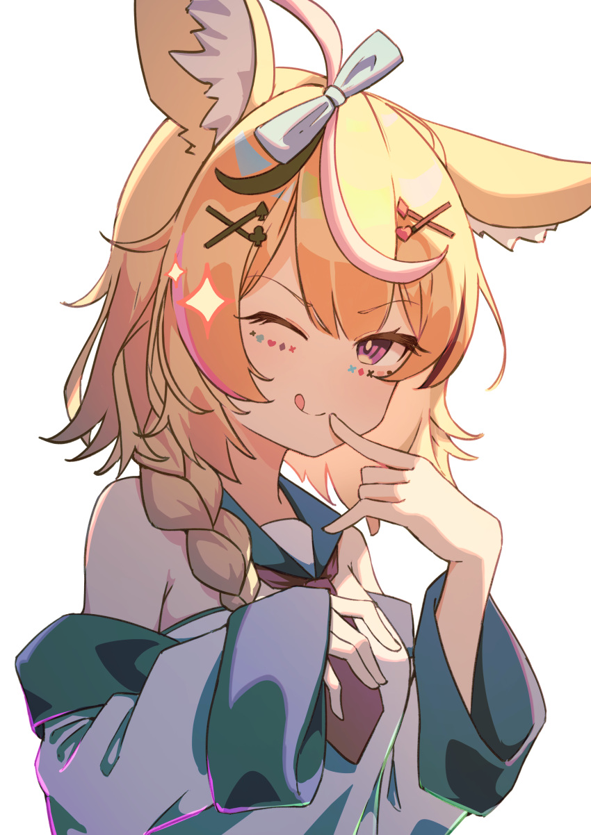 1girl absurdres animal_ear_fluff animal_ears blonde_hair blue_bow blue_sailor_collar bow braid club_(shape) commentary diamond_(shape) eyebrows_visible_through_hair facepaint finger_to_mouth fox_ears hair_bow hair_ornament hairclip hand_up heart highres hololive jl_tan licking_lips long_hair looking_at_viewer off_shoulder omaru_polka one_eye_closed purple_neckwear sailor_collar simple_background single_braid solo spade_(shape) sparkle tongue tongue_out upper_body violet_eyes virtual_youtuber white_background