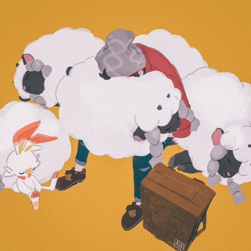1boy bag_removed beanie brown_footwear cable_knit closed_eyes denim fluffy grey_asa grey_headwear hat highres jeans male_focus orange_background pants pokemon pokemon_(creature) pokemon_(game) pokemon_swsh red_shirt scorbunny sheep shirt shoes sleeping suitcase symbol-only_commentary victor_(pokemon) wooloo