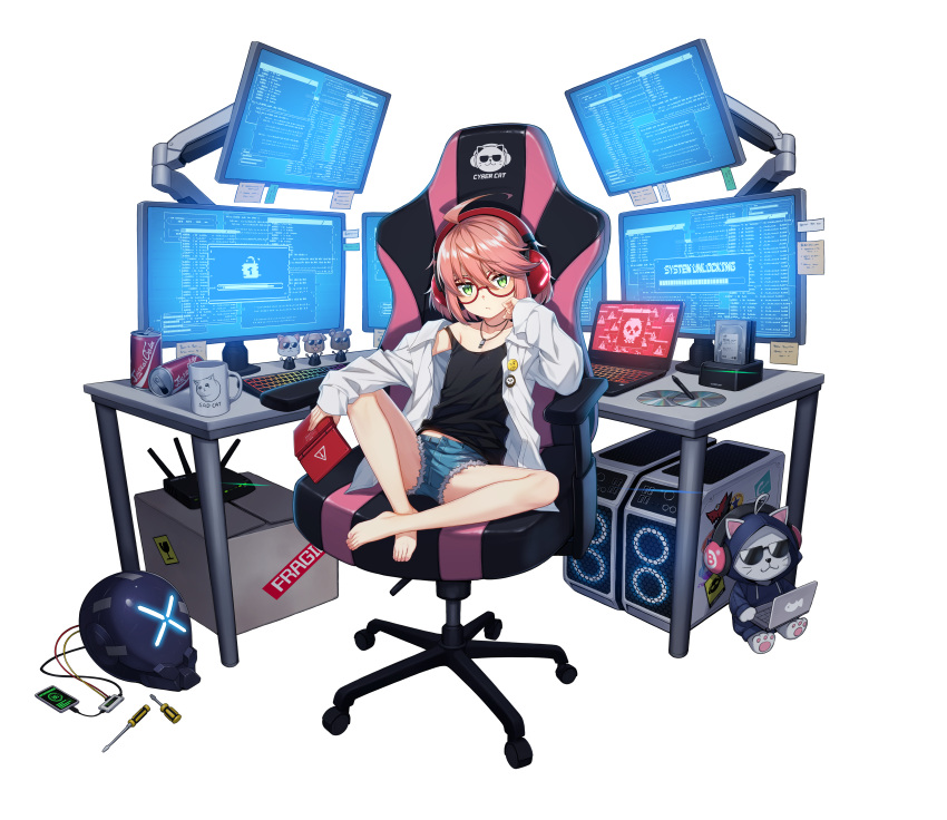 1girl absurdres ahoge alpha_transparency barefoot bobblehead brand_name_imitation cat cd chair charging_device coca-cola collarbone computer counter_side crying_cat_(meme) emoji flash_drive flat_chest fragile_symbol gaming_chair green_eyes hand_on_own_chin headphones helmet highres laptop looking_at_viewer meme monitor nail_polish official_art pink_hair pink_nails red-framed_eyewear router screwdriver sitting stylus sylvia_lena_cooper thinking_emoji younger