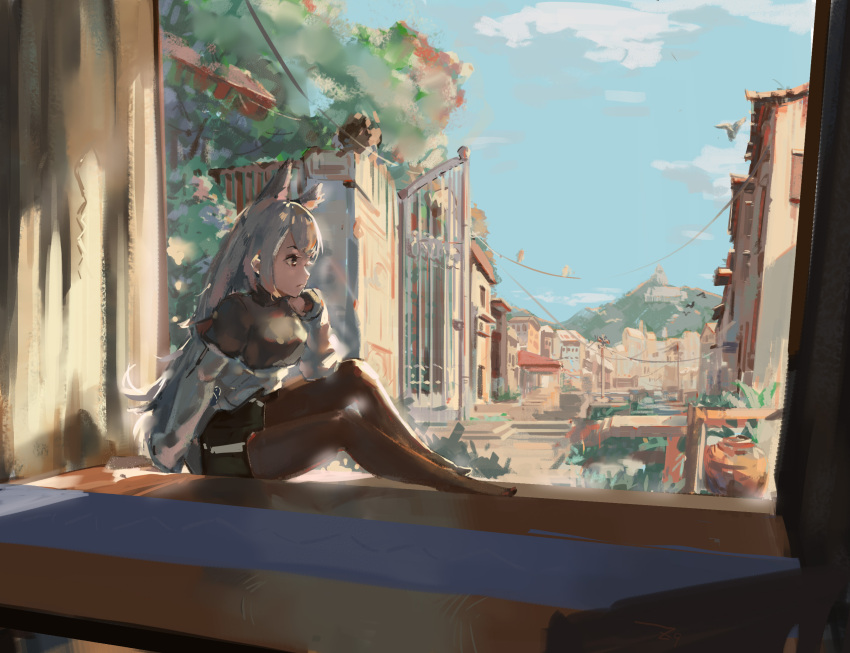 1girl animal_ears arknights black_hair black_legwear black_shirt black_shorts blue_sky city clothesline clouds commentary full_body highres long_hair no_shoes outdoors pantyhose shirt shorts sitting sky solo texas_(arknights) tree window wolf_ears zygocactus