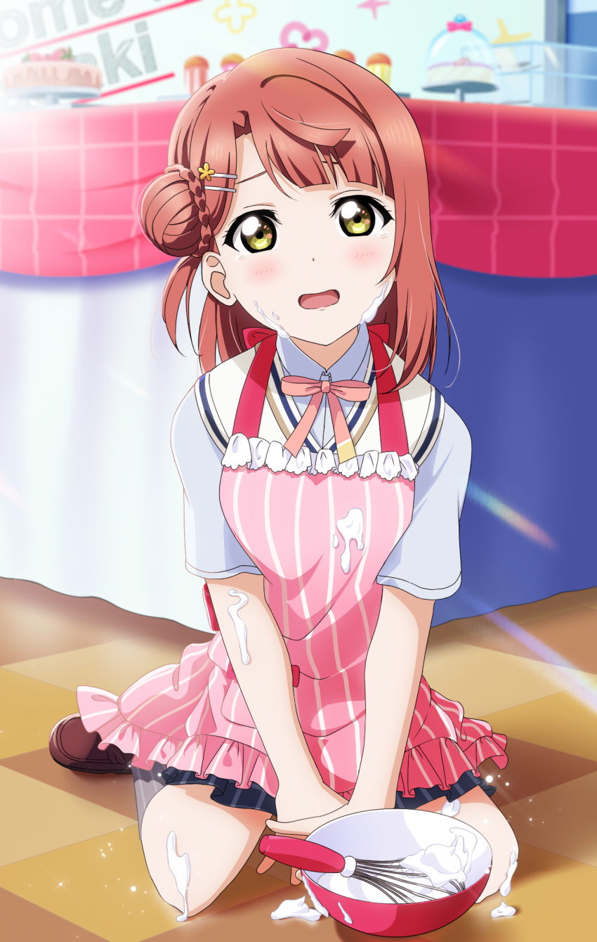 1girl apron bangs blunt_bangs blush braid braided_bun cake collared_shirt cream cream_on_face dress_shirt food food_on_body food_on_face hair_ornament hairpin highres looking_at_viewer love_live! love_live!_nijigasaki_high_school_idol_club love_live!_school_idol_festival_all_stars medium_hair messy neck_ribbon nijigasaki_academy_uniform orange_hair pink_hair pleated_skirt red_neckwear ribbon shirt short_sleeves side_bun sitting skirt solo soul_evan summer_uniform sweater_vest swept_bangs uehara_ayumu wariza whipped_cream yellow_eyes