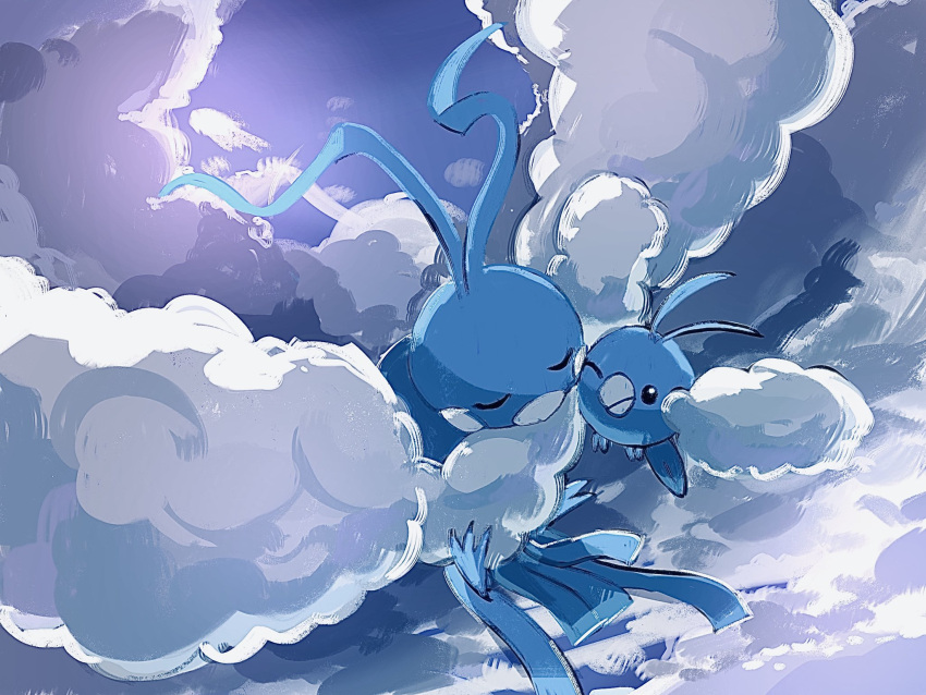 above_clouds altaria anzu_(01010611) beak black_eyes closed_eyes closed_mouth clouds commentary_request evolutionary_line flying highres no_humans one_eye_closed pokemon pokemon_(creature) swablu