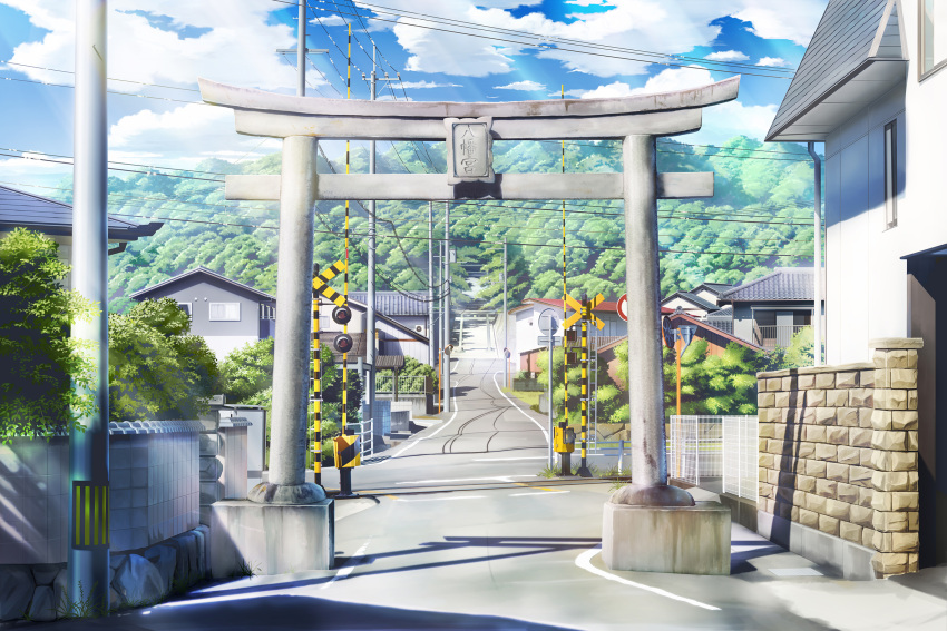 blue_sky building cityscape clouds commentary_request day fence forest grass hankachi_(okayama012) highres hill house nature no_humans original plant power_lines railroad_crossing railroad_tracks road road_sign scenery shade sign sky sunlight torii town tree utility_pole wall