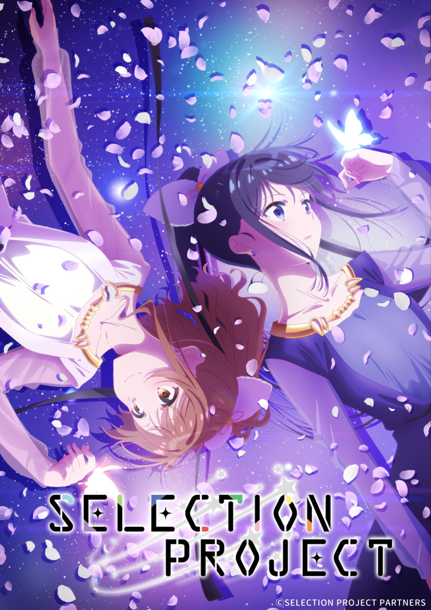 2girls artist_request black_hair black_ribbon blue_background blue_dress blue_eyes blush bow brown_eyes brown_hair bug butterfly collarbone copyright_name dress earrings from_above gradient gradient_background hair_bow hair_ribbon hananoi_rena highres idol jewelry key_visual lipstick long_hair long_sleeves looking_away makeup miyama_suzune multiple_girls nail_polish official_art petals pink_bow pink_lips pink_nails ponytail promotional_art purple_bow ribbon see-through_sleeves selection_project shadow shooting_star sidelocks smile star_(sky) star_(symbol) wavy_hair white_dress