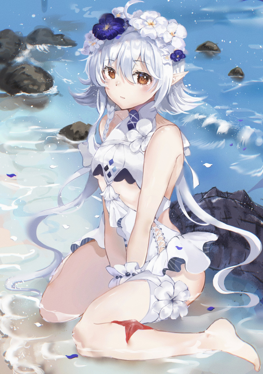 1girl ahoge arknights between_legs blue_flower blush braid commentary crocodilian_tail eyebrows_visible_through_hair flower grey_hair hair_between_eyes hand_between_legs highres in_water komuer looking_at_viewer official_alternate_costume one-piece_swimsuit pointy_ears sitting solo swimsuit tomimi_(arknights) tomimi_(silent_night)_(arknights) waist_cutout wariza white_flower white_swimsuit yellow_eyes