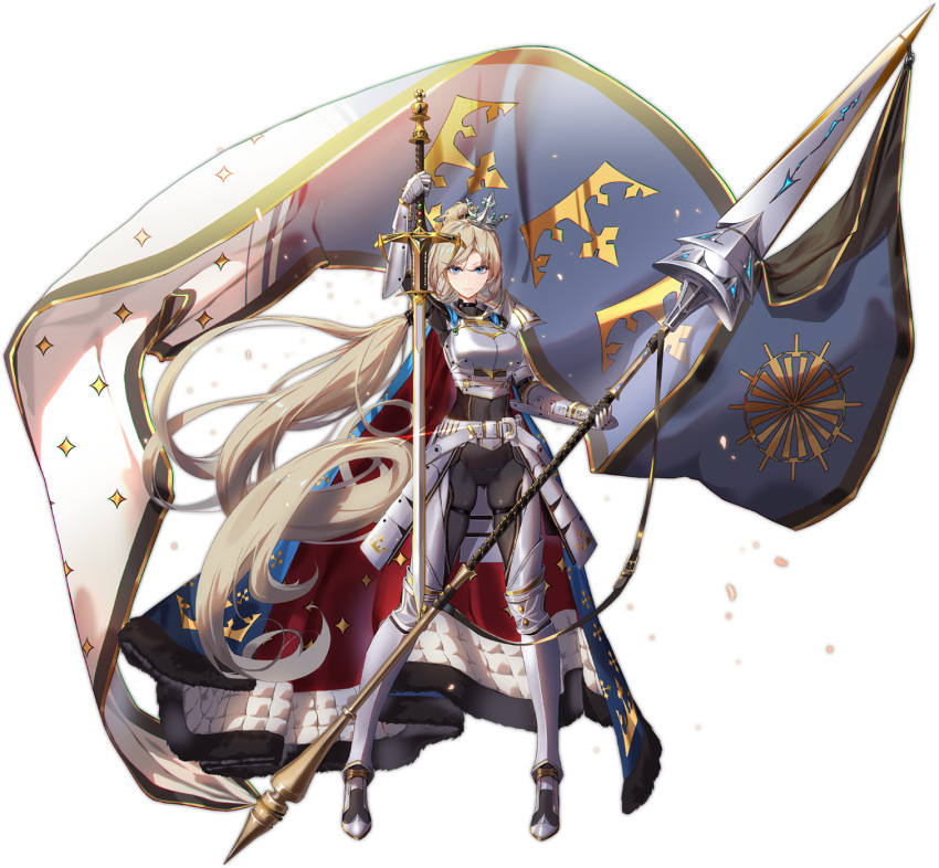 1girl ark_order armor armored_boots bangs belt blue_cape blue_eyes bodystocking boots breastplate breasts cape crown dual_wielding expressionless flag full_body fur-trimmed_cape fur_trim gauntlets gold gold_trim grey_belt grey_footwear high_ponytail highres holding holding_flag holding_polearm holding_sword holding_weapon king_arthur_(ark_order) large_breasts long_hair looking_at_viewer multi-tied_hair official_art pauldrons platinum_blonde_hair polearm red_cape shoulder_armor solo standing sword tachi-e thigh-highs thigh_boots thigh_strap transparent_background very_long_hair weapon you_ni_ge_shaobing