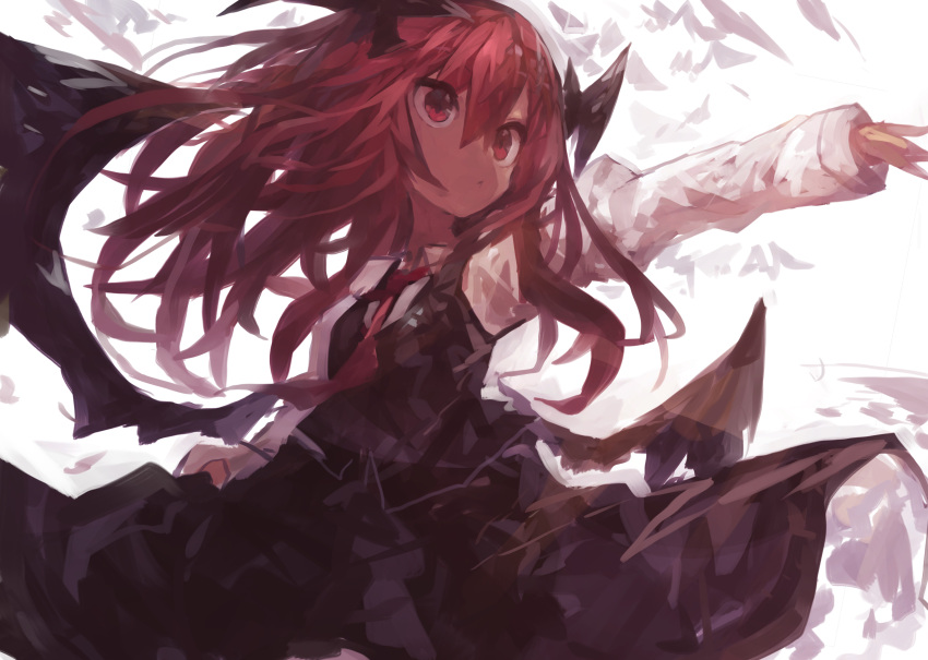 1girl absurdres bangs bat_wings black_dress dress head_wings highres kaamin_(mariarose753) koakuma long_hair multiple_wings necktie one-hour_drawing_challenge red_eyes red_necktie redhead shirt simple_background solo touhou white_background white_shirt wings