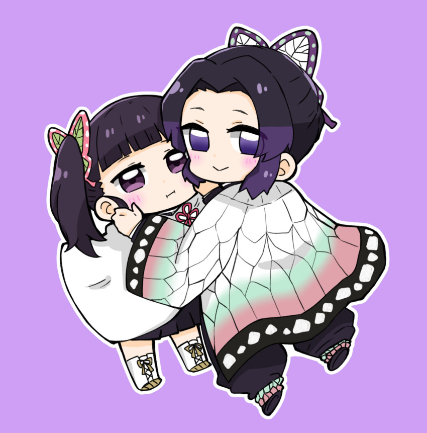 2girls :i bangs black_footwear black_hair black_pants black_skirt blunt_bangs blush boots butterfly_hair_ornament cape chibi closed_mouth commentary cross-laced_footwear forehead gradient_hair hair_ornament highres hitomiz kimetsu_no_yaiba kochou_shinobu lace-up_boots long_sleeves looking_at_viewer looking_back multicolored_hair multiple_girls outline pants pleated_skirt puffy_pants purple_background purple_hair side_ponytail simple_background skirt smile symbol-only_commentary tsuyuri_kanao violet_eyes white_cape white_footwear white_outline wide_sleeves