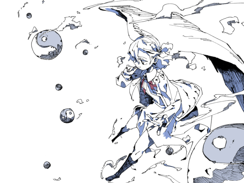 1girl braid dress feathered_wings finger_to_own_chin foreshortening kishin_sagume long_sleeves monochrome motion_lines nama_udon open_clothes open_hand orb short_hair single_wing sketch smile solo spot_color touhou white_background wings yin_yang yin_yang_orb