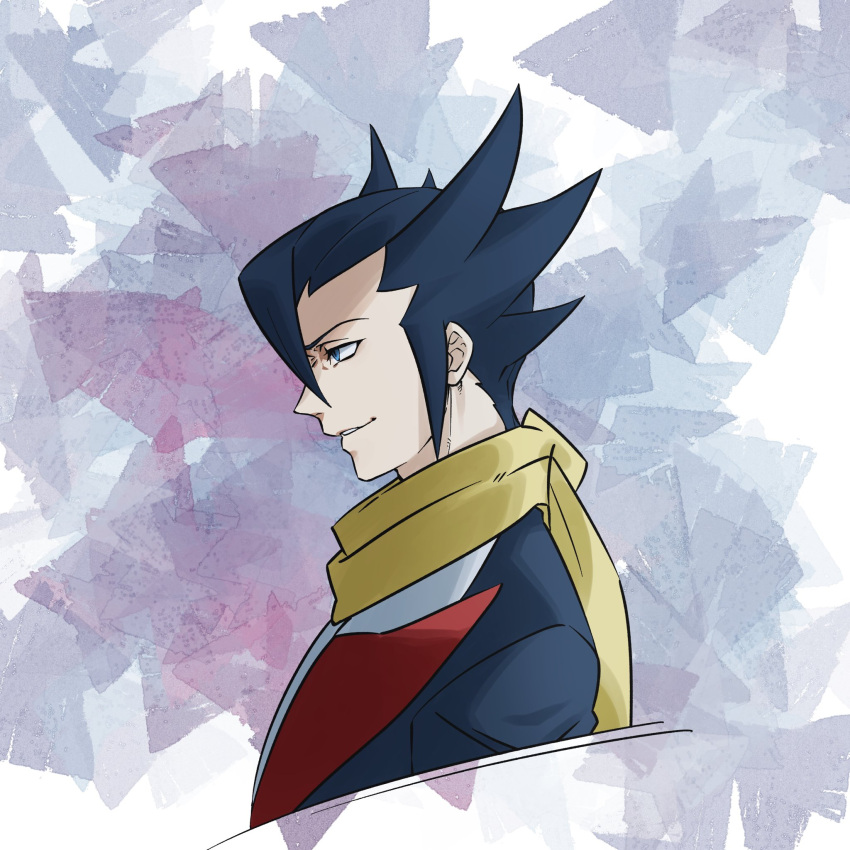 1boy bangs black_hair black_jacket blue_eyes commentary_request from_side grimsley_(pokemon) highres jacket long_sideburns male_focus parted_lips pkpokopoko3 pokemon pokemon_(game) pokemon_bw scarf short_hair sideburns smile solo spiky_hair upper_body yellow_scarf