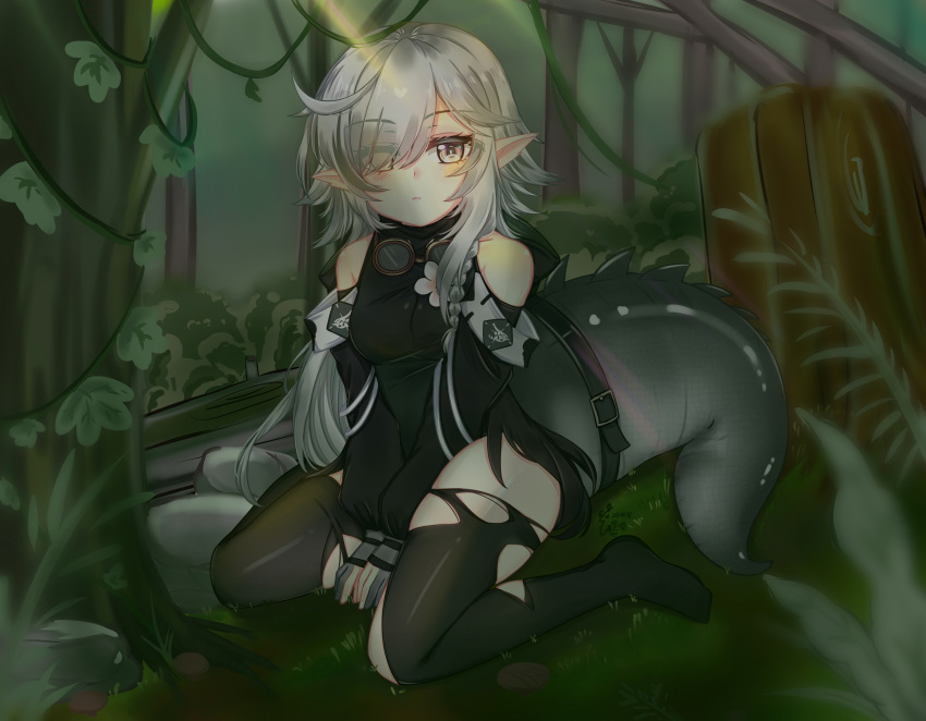 1girl absurdres arknights between_legs black_legwear black_shirt black_sleeves blush braid breasts crocodilian_tail detached_sleeves eyebrows_visible_through_hair flower forest full_body gloves grey_gloves grey_hair hand_between_legs highres long_hair looking_at_viewer nature outdoors partially_fingerless_gloves pointy_ears shirt sitting small_breasts solo tomimi_(arknights) torn_clothes torn_legwear wariza white_flower yellow_eyes ying_miao