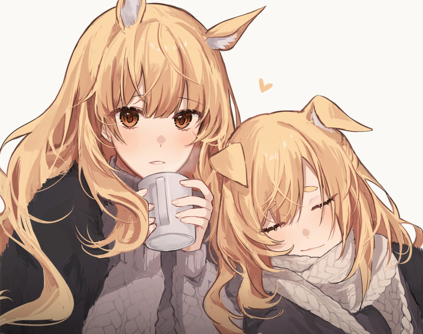 2girls absurdres animal_ears arknights aunt_and_niece blemishine_(arknights) blonde_hair blush brown_scarf brown_sweater cape closed_eyes commentary cup extra_ears eyebrows_visible_through_hair floppy_ears heart highres holding holding_cup horse_ears horse_girl light_smile long_hair looking_at_viewer lyas mug multiple_girls parted_lips portrait scarf simple_background sleeping sleeping_on_person sweater symbol-only_commentary thick_eyebrows whislash_(arknights) white_background white_cape yellow_eyes yuri